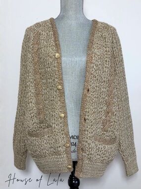 Vintage tan knit button down cardigan sweater. Chunky grandma winter cardigan.
